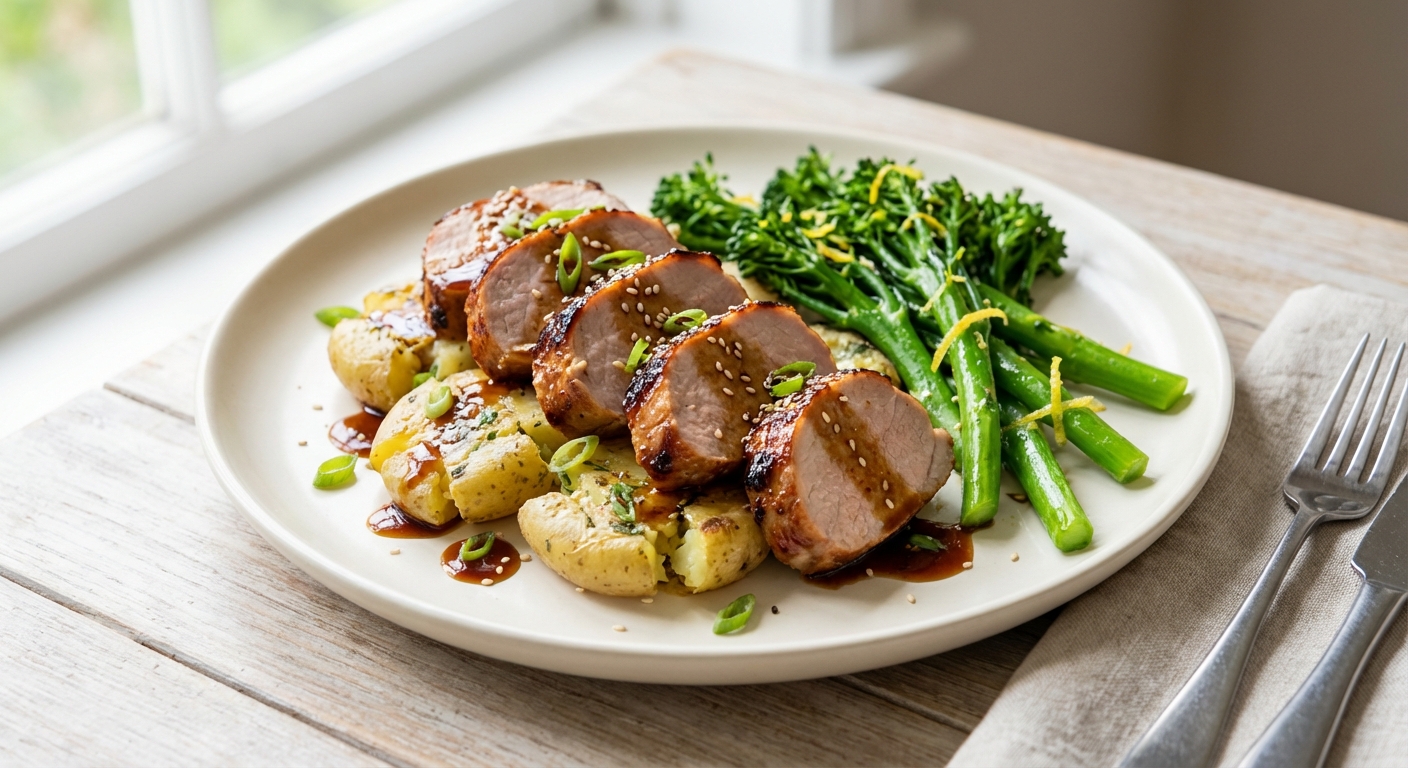 Honey-Soy Glazed Pork Tenderloin with Herbed Smashed New Potatoes & Steamed Broccolini