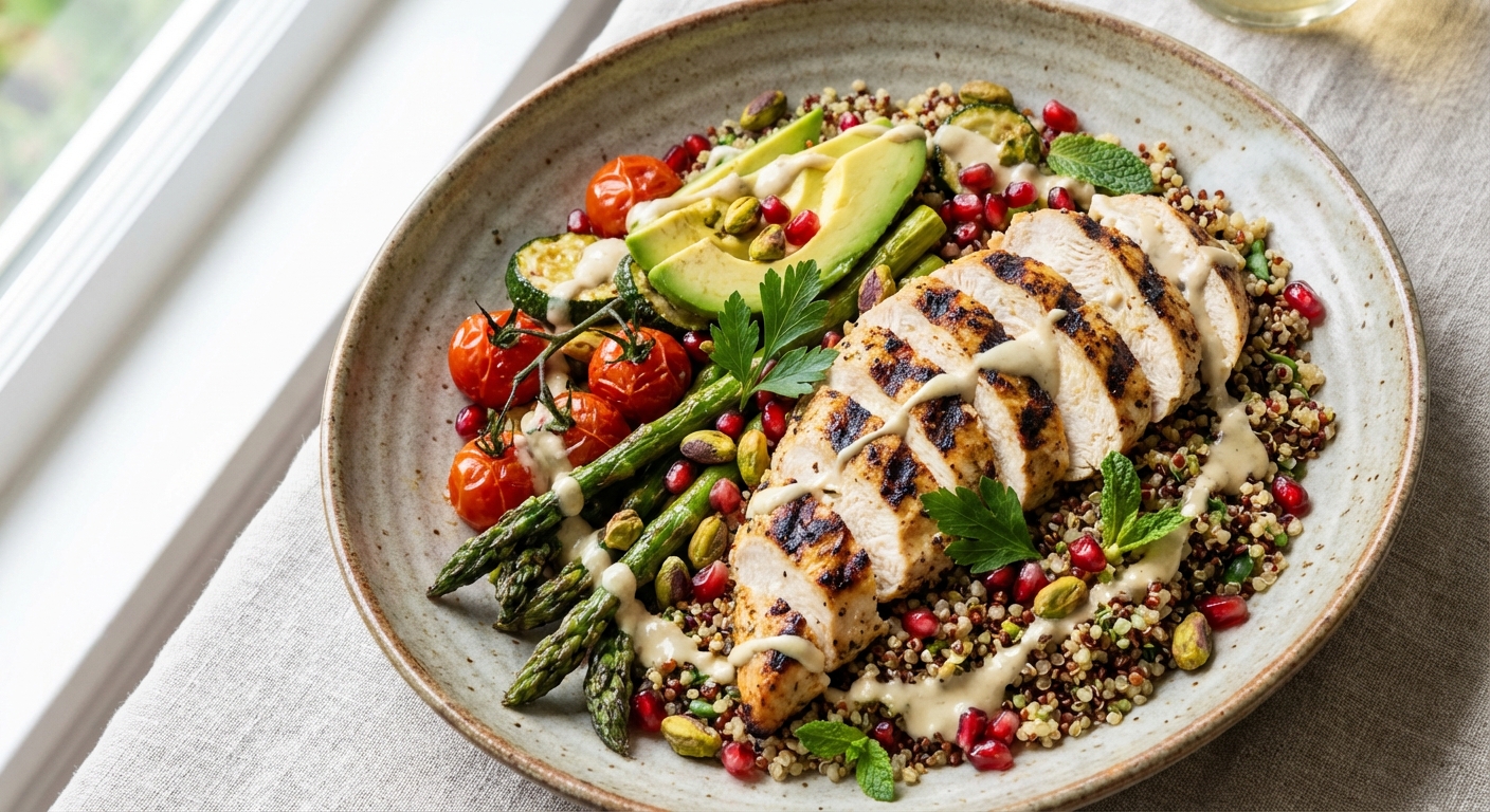 Grilled Chicken & Quinoa Salad with Lemon-Tahini Dressing