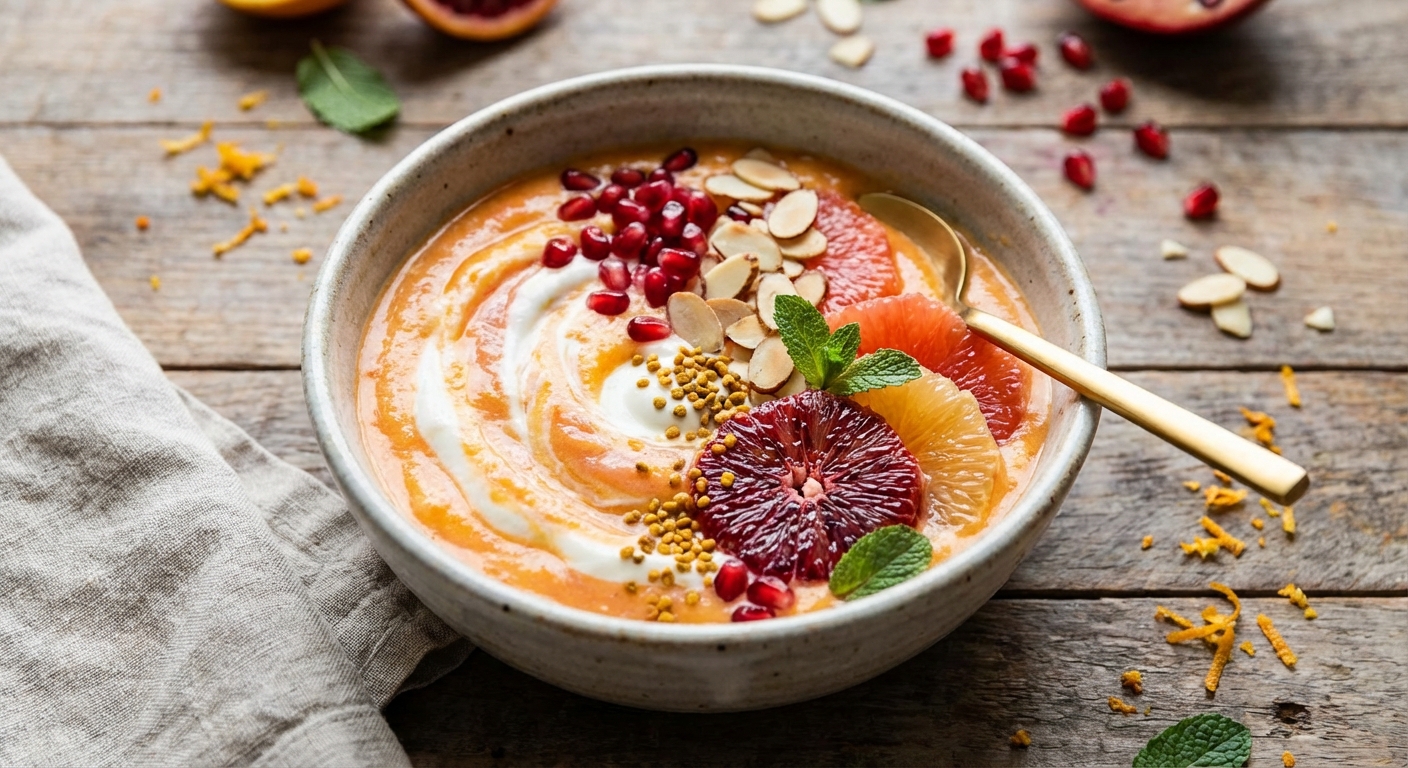 Citrus-Greek Yogurt Smoothie Bowl with Pomegranate & Toasted Almonds