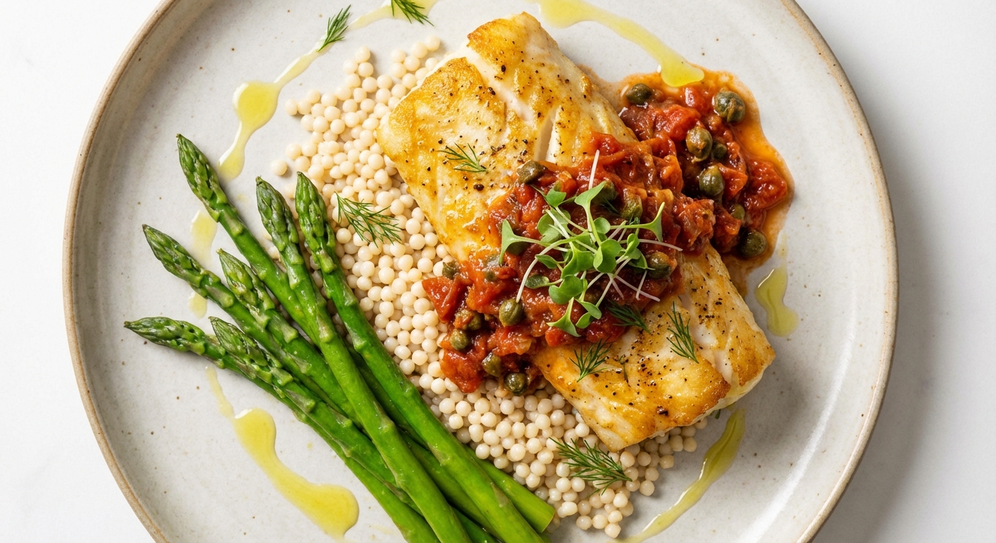 Baked Cod with Tomato-Caper Sauce, Israeli Couscous & Steamed Asparagus