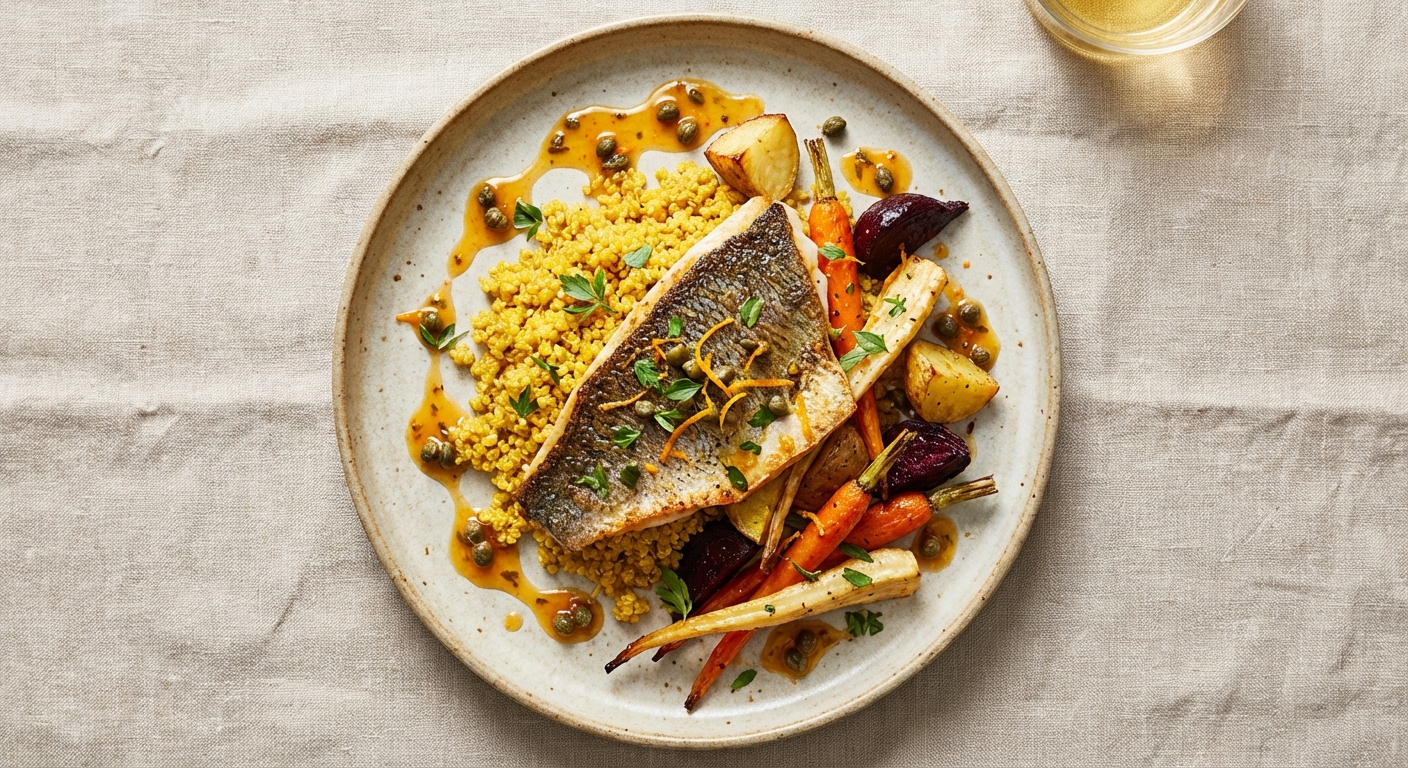 Pan‑Roasted Sea Bass with Saffron Quinoa, Roasted Winter Root Medley & Orange‑Caper Vinaigrette