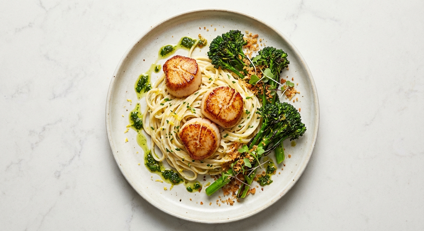 Seared Scallops with Lemon‑Chive Linguine & Charred Broccolini