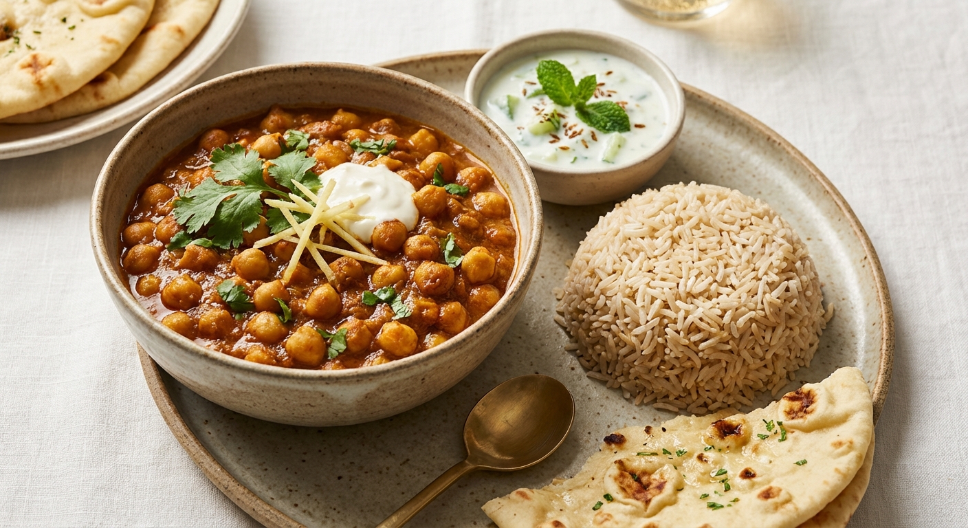 Chana Masala with Brown Basmati Rice & Cucumber Raita
