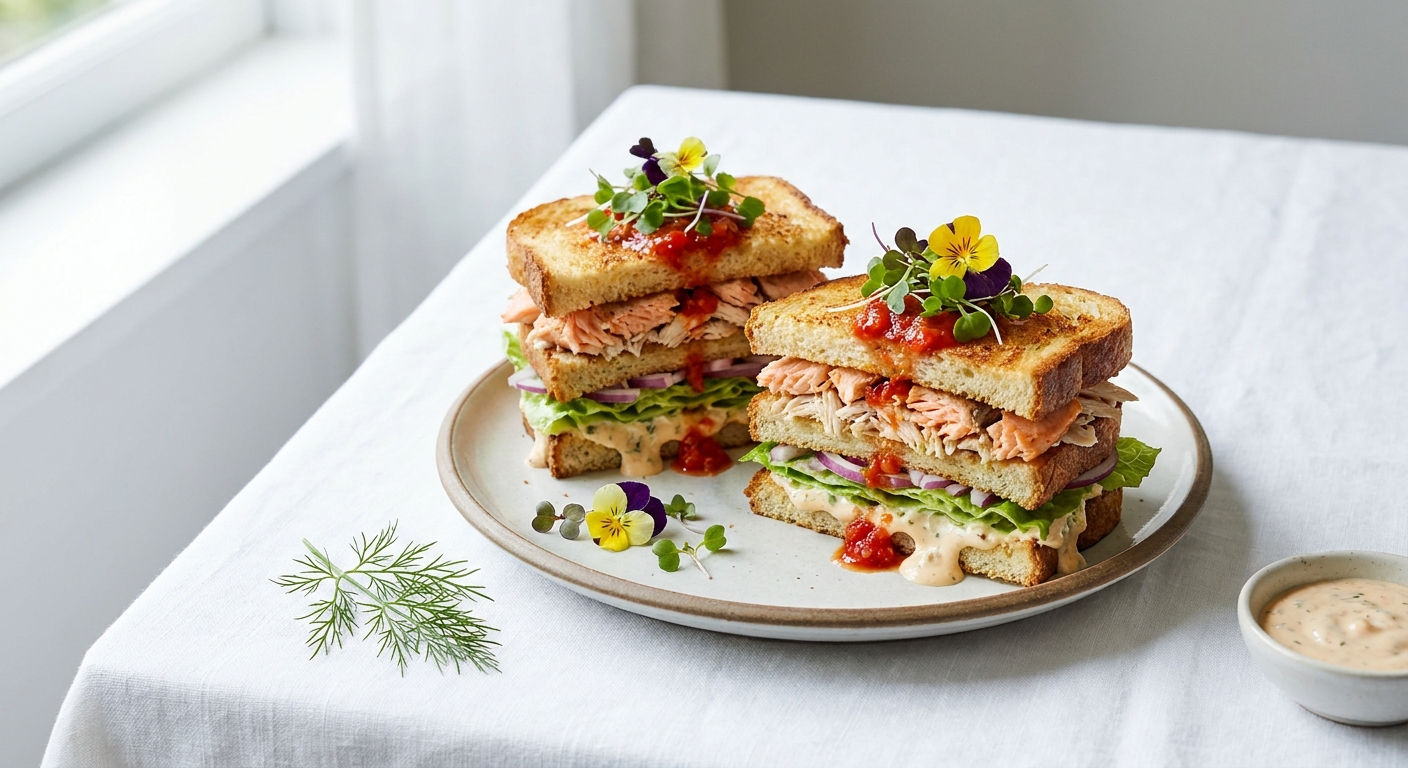 Salmon & Shredded Chicken Club Toasts with Pickle-Yogurt Remoulade & Salsa Drizzle