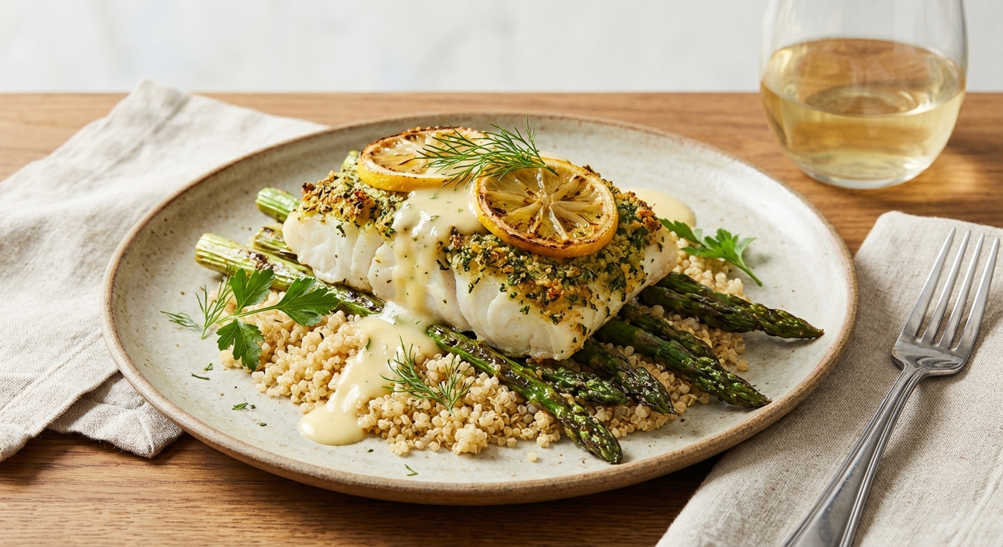 Baked Cod with Lemon, Quinoa and Roasted Asparagus