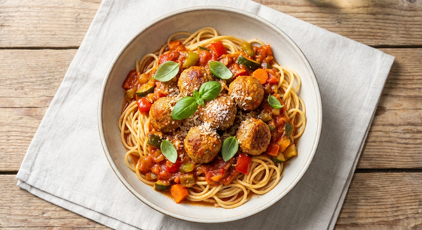 Spaghetti and Homemade Beef Meatballs with Vegetables