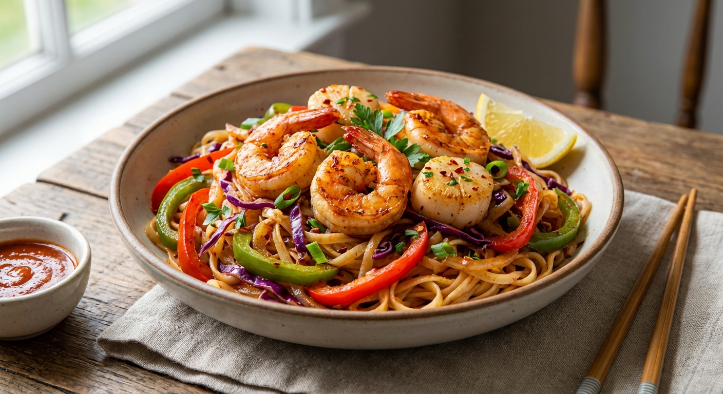Cajun Garlic Shrimp & Scallop Stir‑Fry with Bell Pepper, Red Cabbage and Rice Noodles