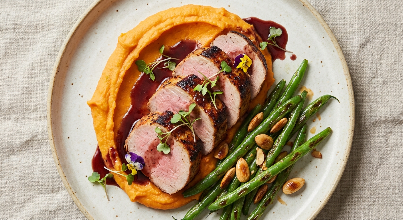 Pork Tenderloin with Sweet Potato Mash & Green Beans