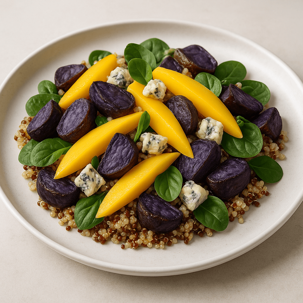 Mango and Quinoa Salad with Blue Cheese and Roasted Purple Potatoes
