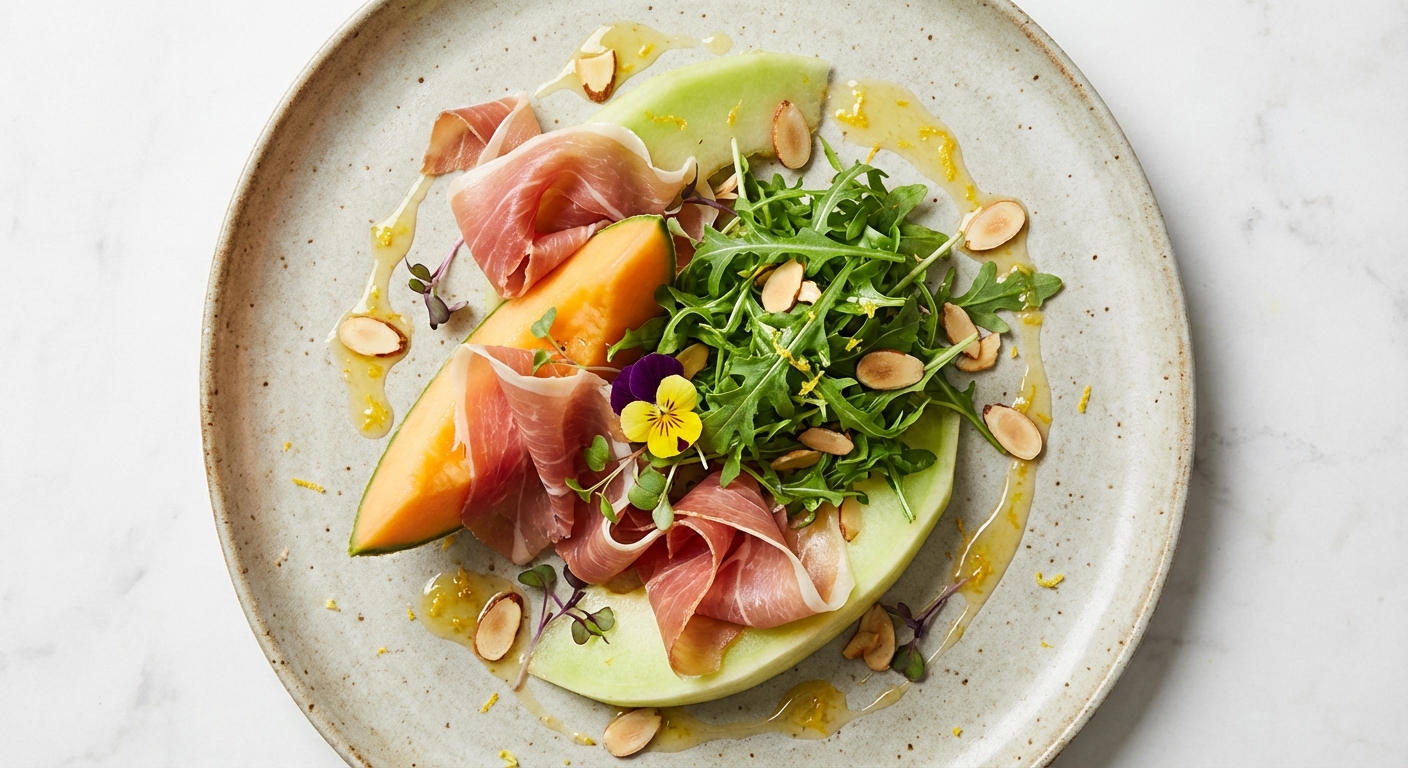 Prosciutto & Melon with Arugula, Toasted Almonds & Lemon Drizzle