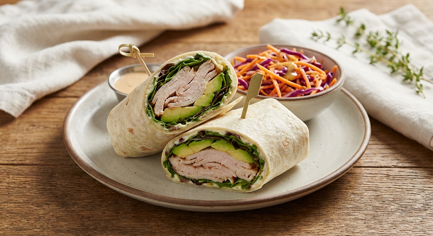 Turkey, Avocado & Mixed-Greens Wrap with Carrot-Cabbage Slaw