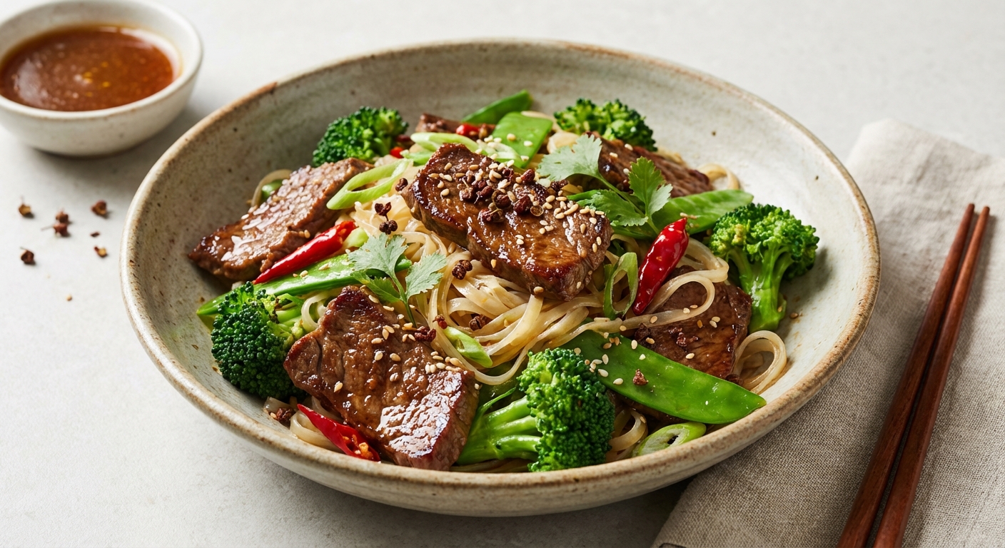 Szechuan Peppercorn Beef Stir‑Fry with Broccoli, Snow Peas & Light Coconut Rice Noodles