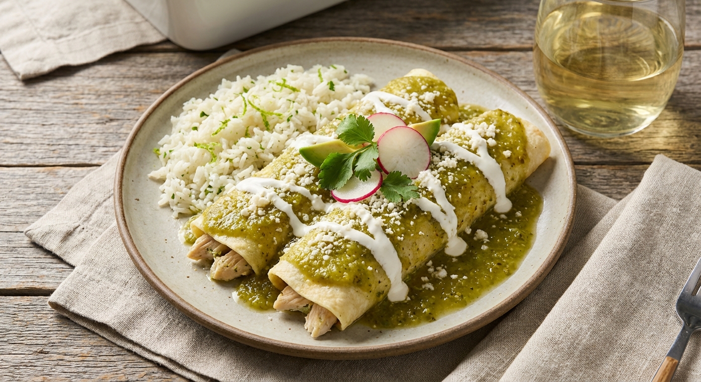 Chicken Enchiladas Verdes with Cilantro-Lime Rice