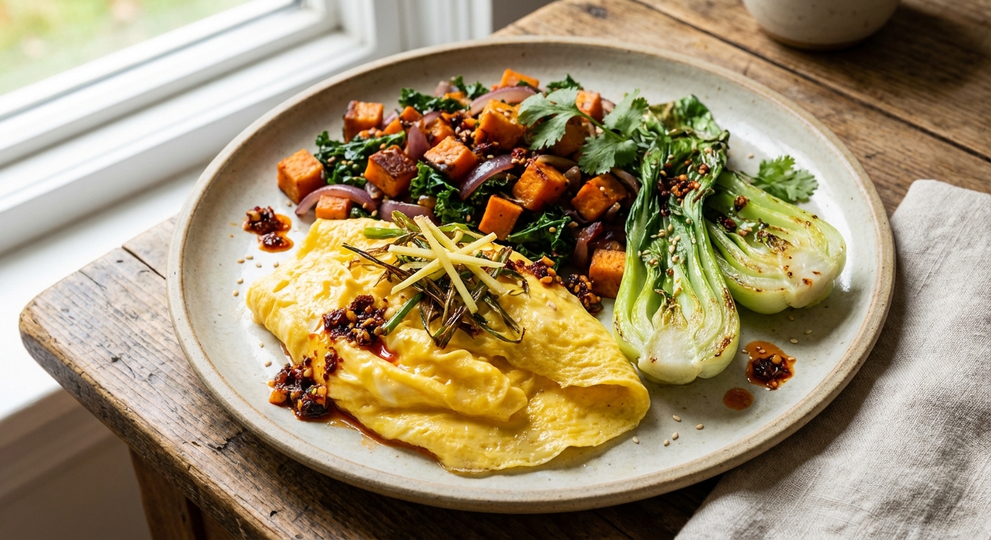 Ginger-Scallion Scrambled Eggs with Sweet Potato Hash & Bok Choy