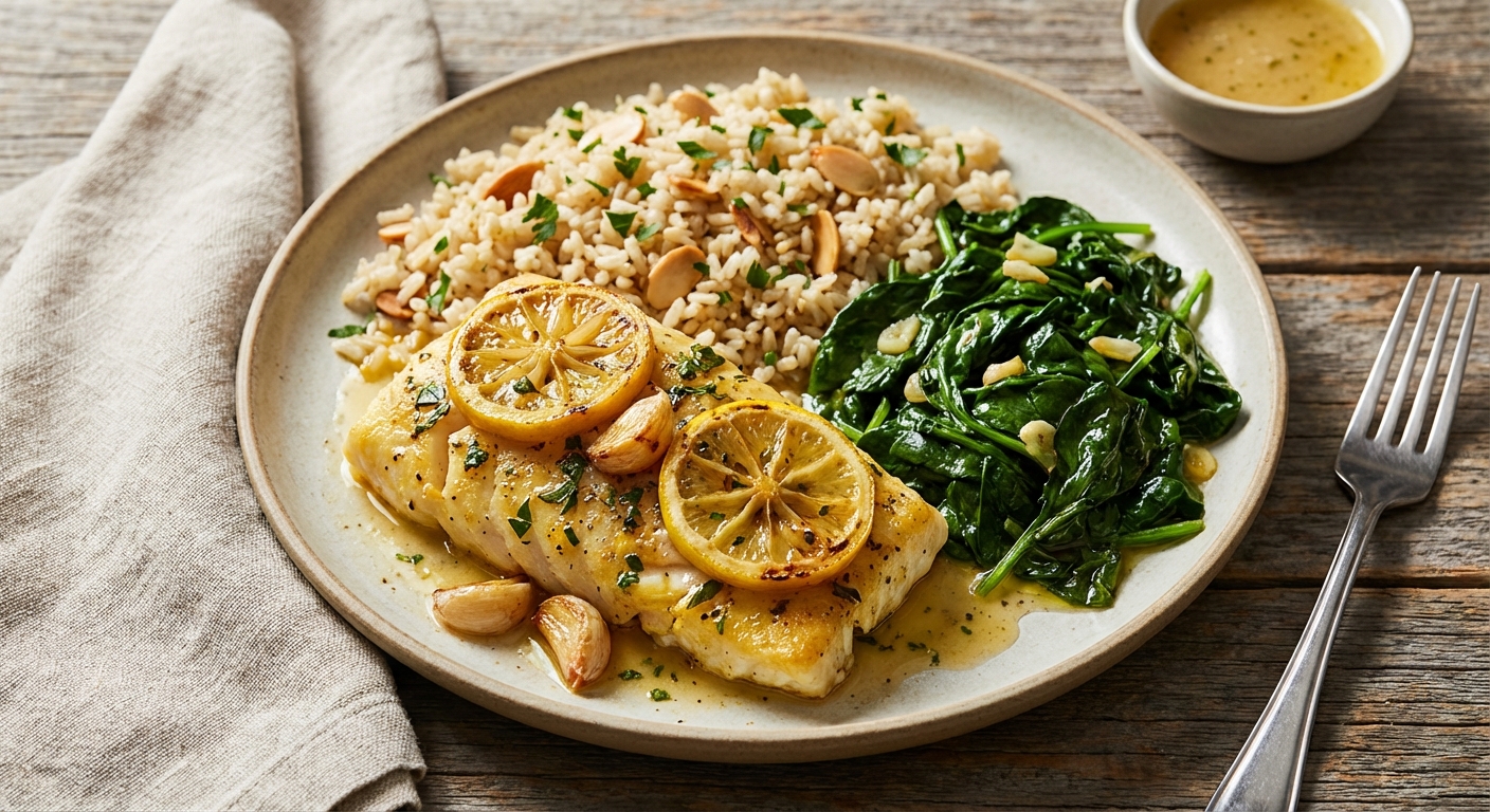 Baked Lemon-Garlic Cod with Brown Rice Pilaf & Sautéed Spinach