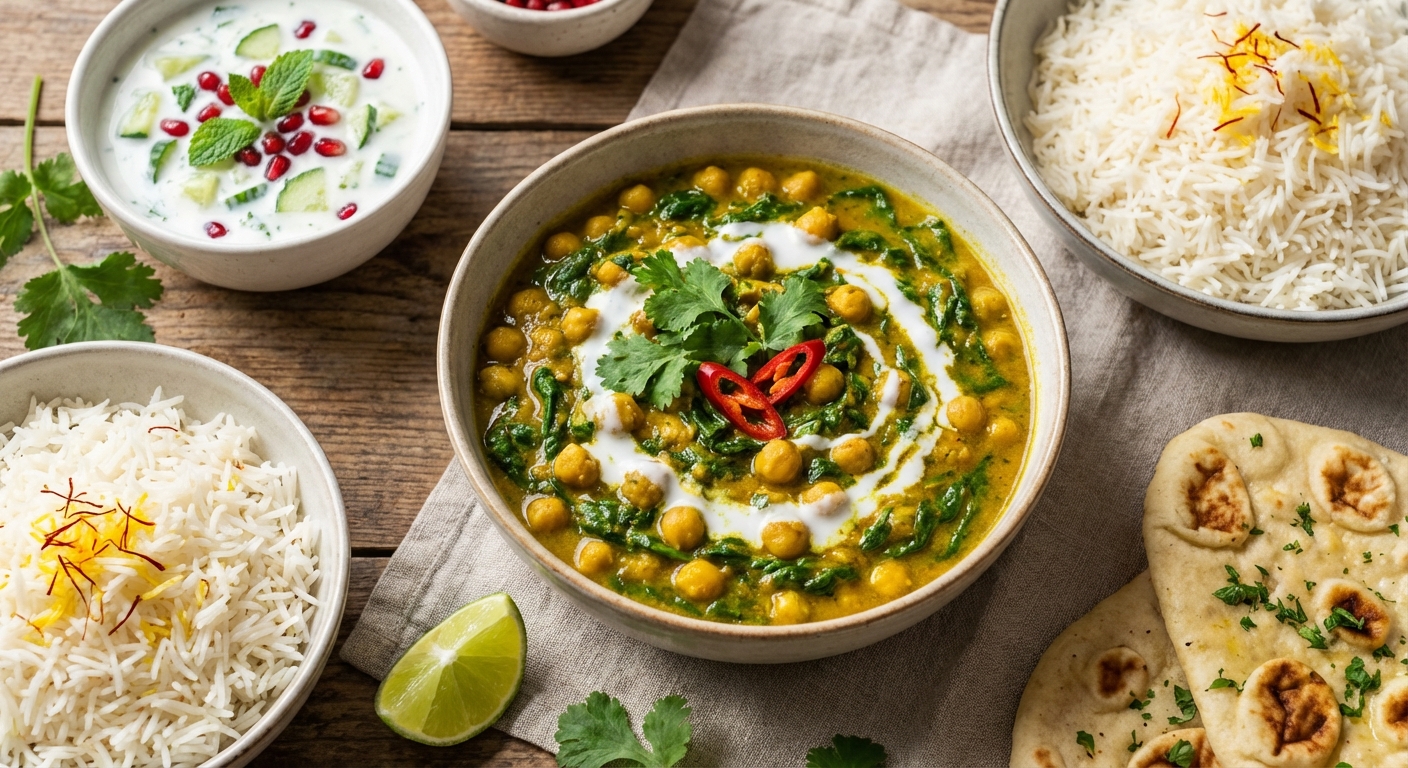 Chickpea & Spinach Curry with Basmati Rice and Cucumber-Mint Raita