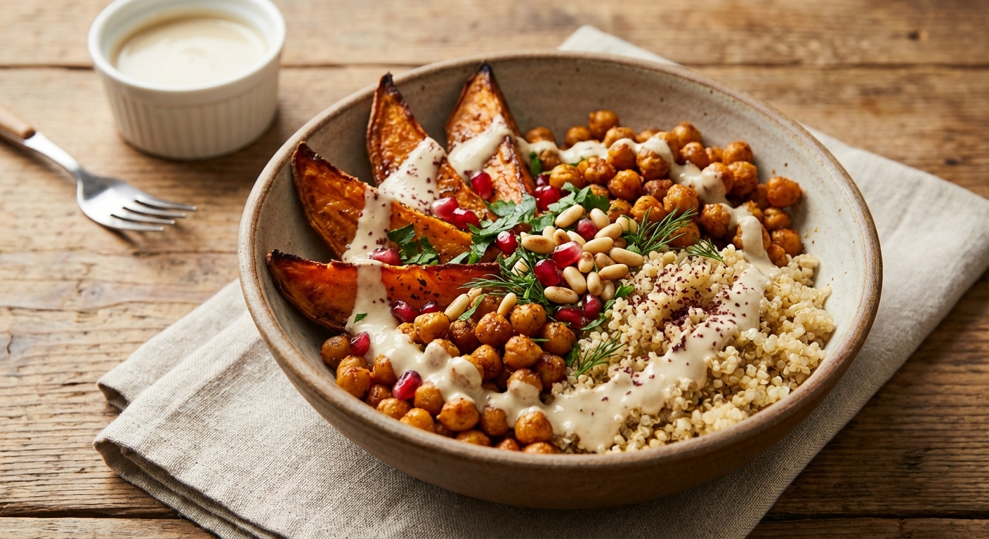 Roasted Sweet Potato & Chickpea Quinoa Bowl with Tahini-Lemon Dressing