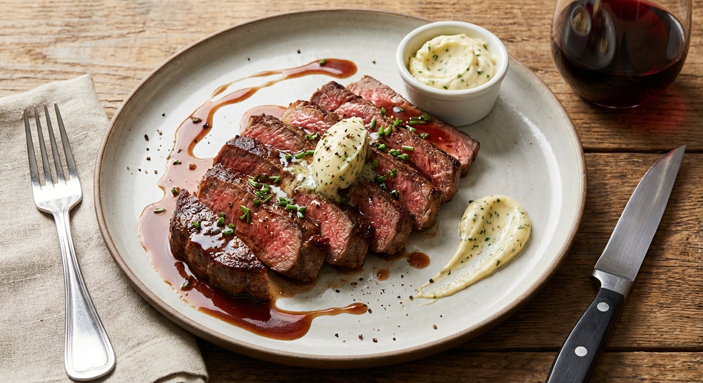 Pan-Seared Beef Strips with Two-Style Butter Sauces (Red Wine Jus + Creamy Dijon Butter)