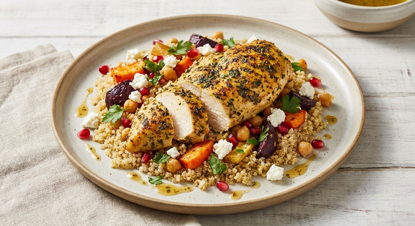 Roasted Chicken Breast & Quinoa Salad with Chickpeas, Roasted Veg, and Feta