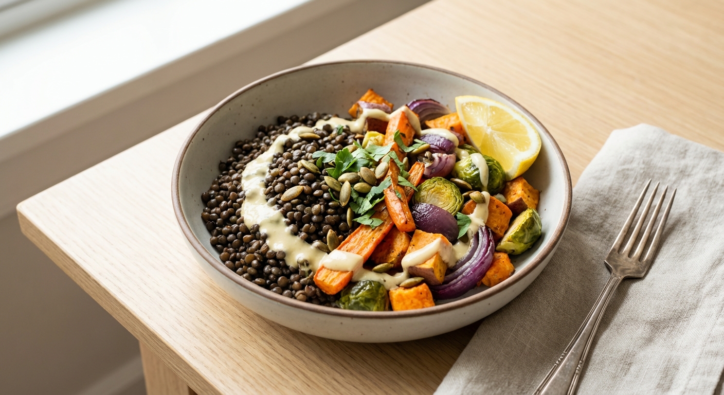 Warm Lentil & Roasted Vegetable Bowl with Lemon-Tahini Dressing
