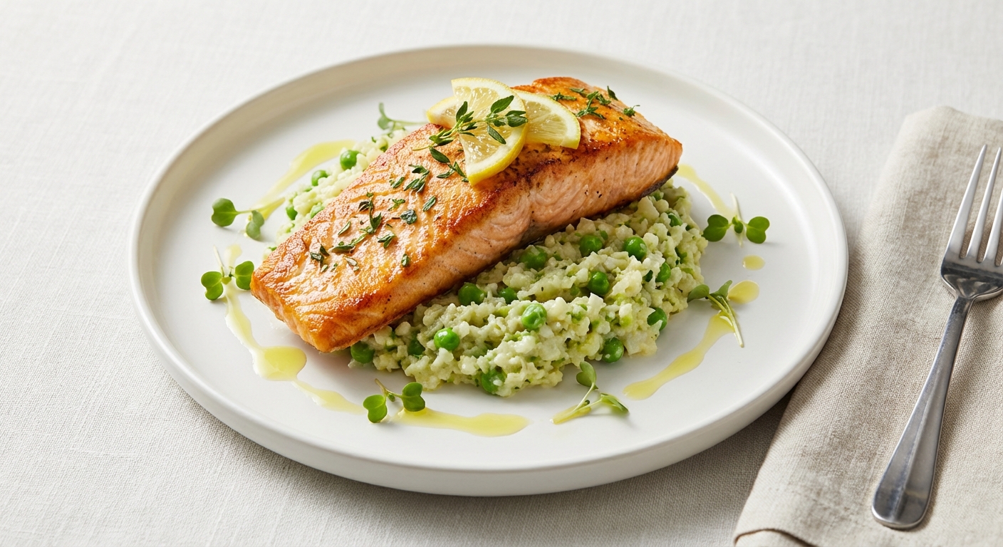 Pan-Seared Citrus Salmon with Spring Pea & Lemon Cauliflower "Risotto"