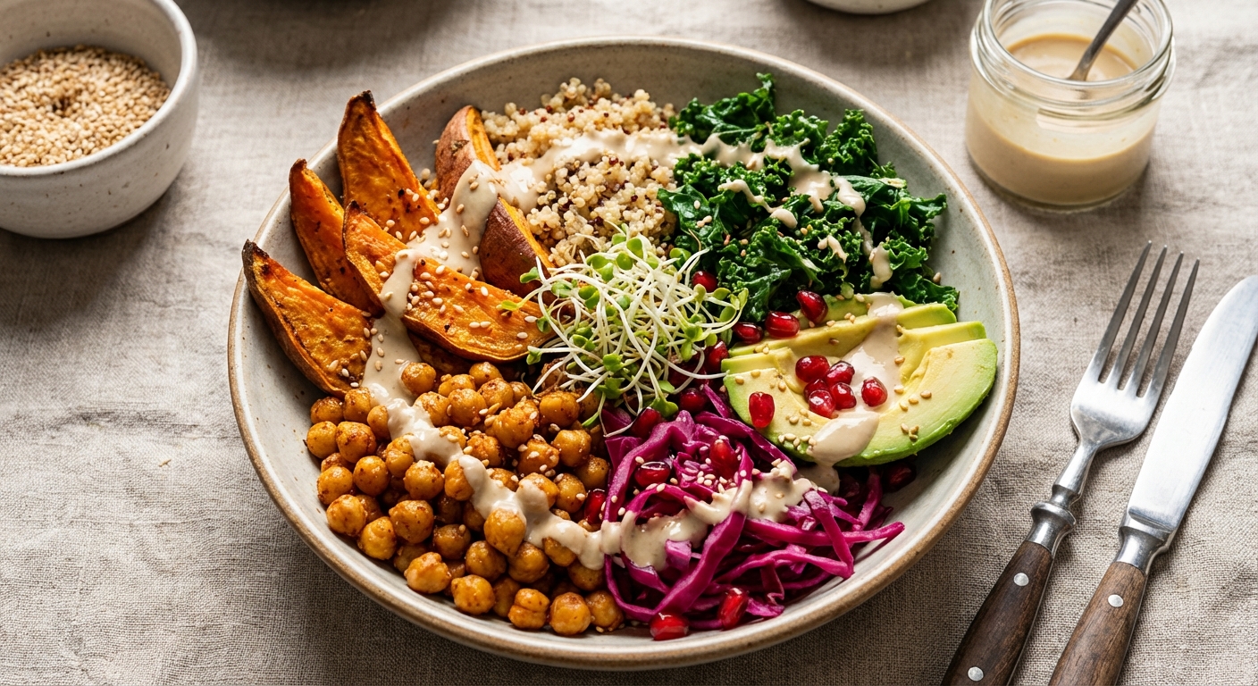 Chickpea & Roast Sweet Potato Buddha Bowl with Tahini Dressing