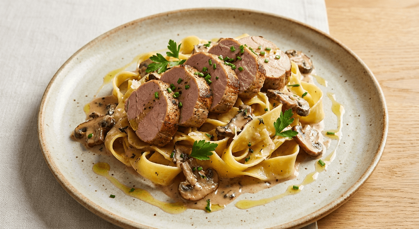 Pork Tenderloin in Creamy Mushroom Sauce with Pasta