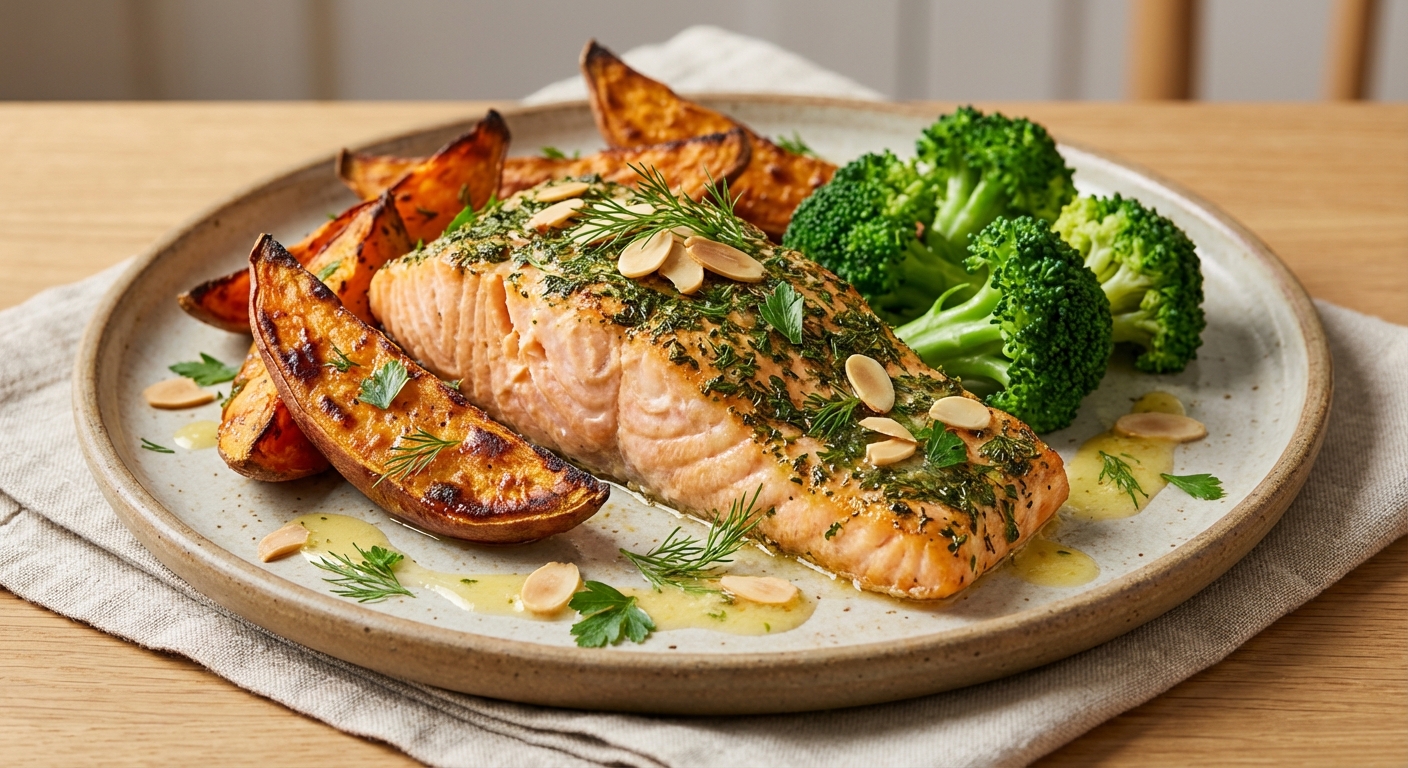 Baked Salmon with Roasted Sweet Potato and Steamed Broccoli