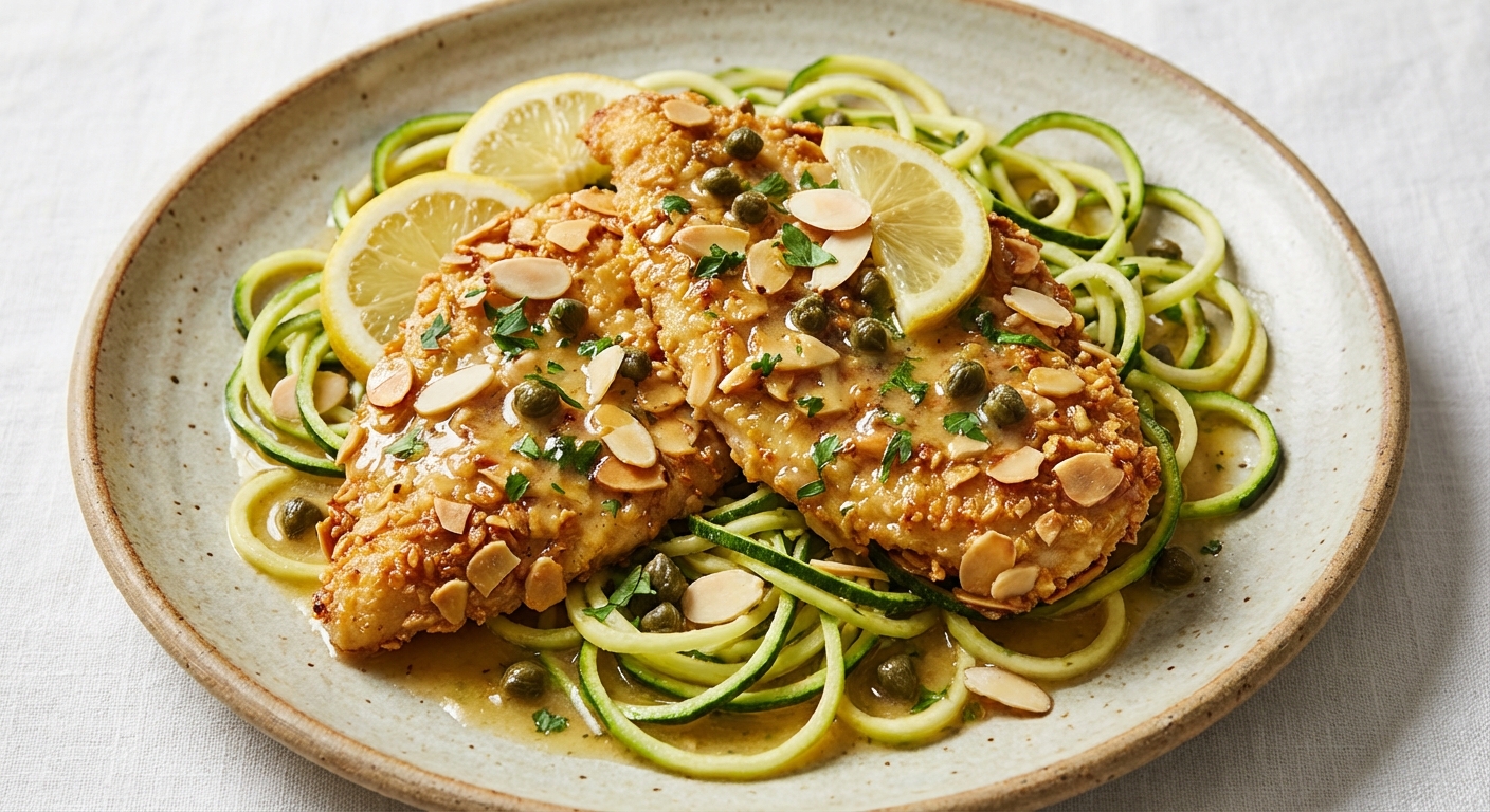 Almond-Dusted Chicken Piccata with Lemon-Butter Caper Sauce and Zucchini Noodles