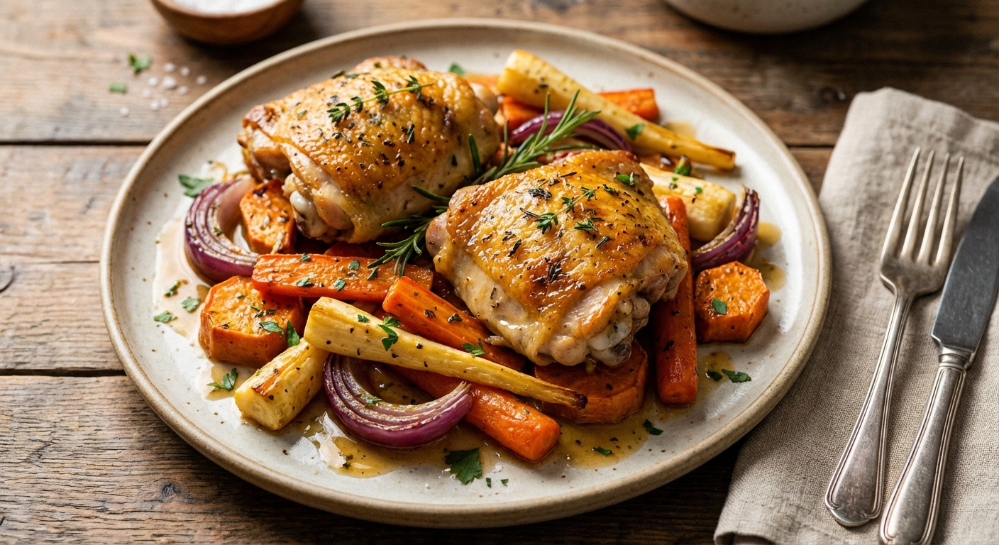 Roasted Herb Chicken Thighs with Honey-Roasted Root Vegetables
