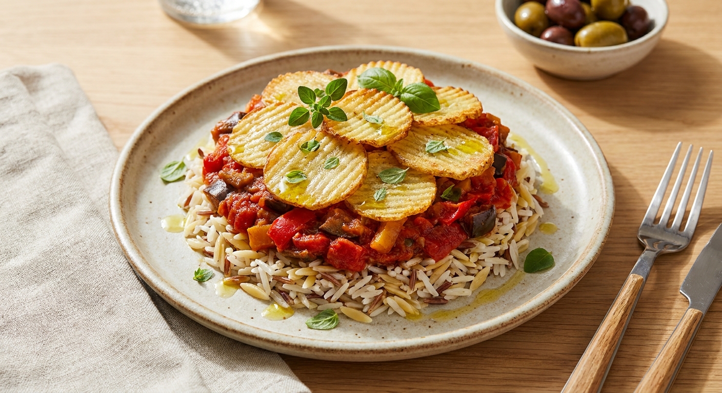 Mediterranean Layered Tomato-Pepper Ragout with Rice & Pasta and Crispy Potato Top