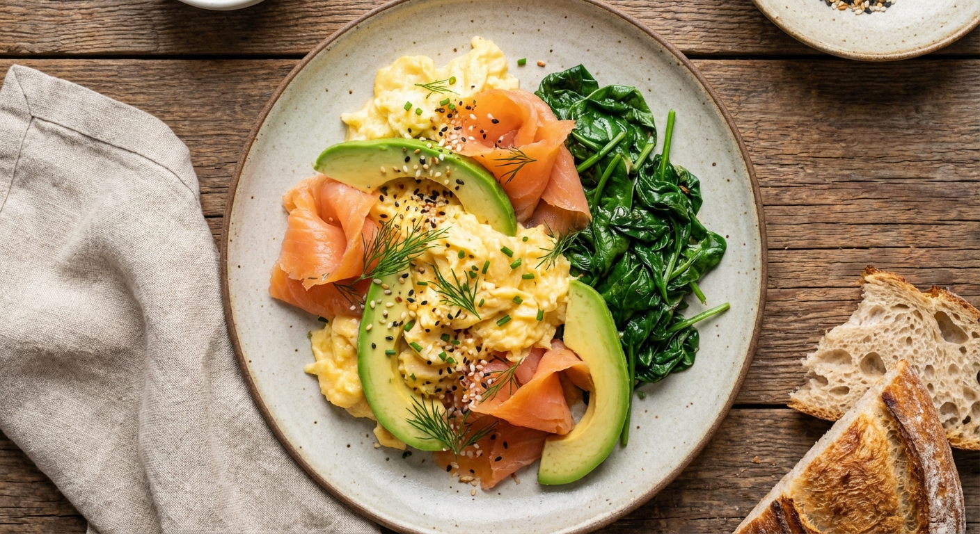 Smoked Salmon & Avocado Scrambled Eggs with Wilted Spinach