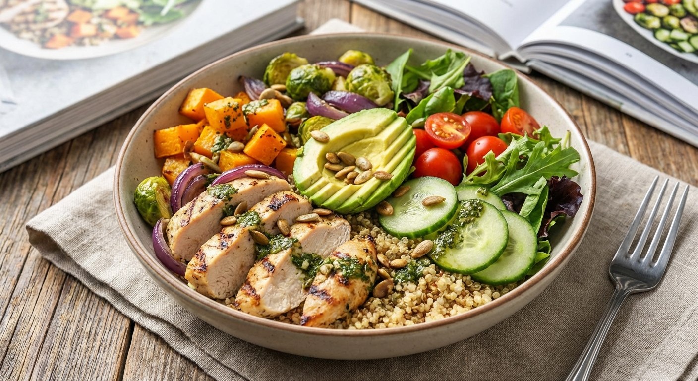 Chicken & Quinoa Power Bowl with Roasted Veggies and Avocado