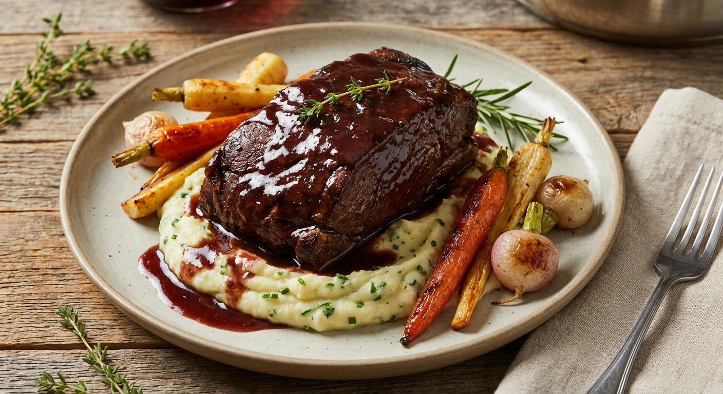Pressure Red-Wine Braised Beef Rump with Herb Mash and Roasted Winter Roots