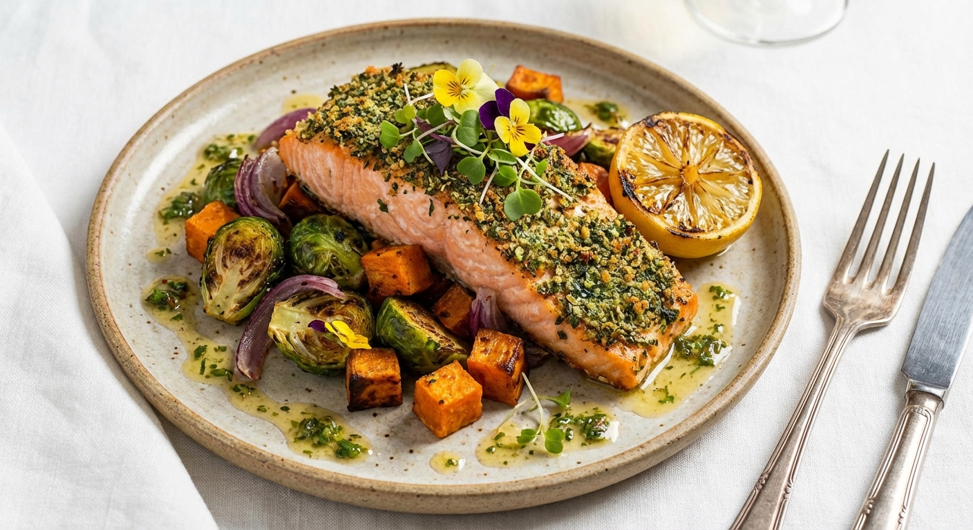 Baked Salmon with Roasted Brussels Sprouts & Sweet Potato