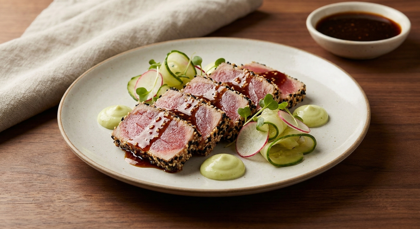 Sesame-Crusted Seared Ahi Tuna with Soy-Ginger Glaze, Wasabi-Lemon Aioli & Quick-Pickled Cucumbers