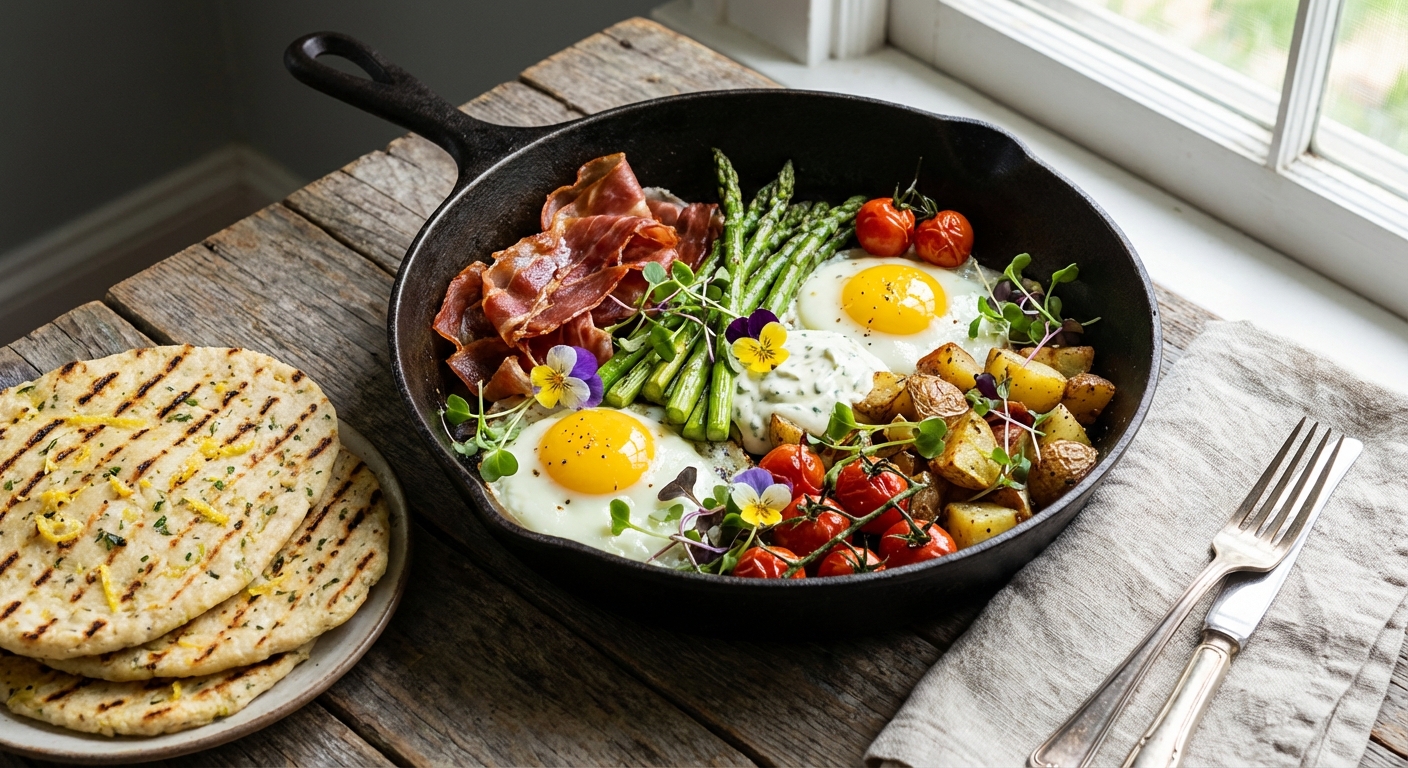 Spring Asparagus & Prosciutto Breakfast Skillet with Lemon‑Chive Almond‑Cassava Flatbread