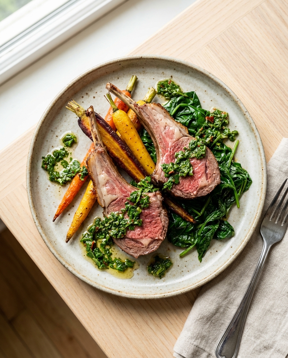 Pan-Seared Lamb Chops with Herb Chimichurri, Roasted Carrots & Sautéed Spinach