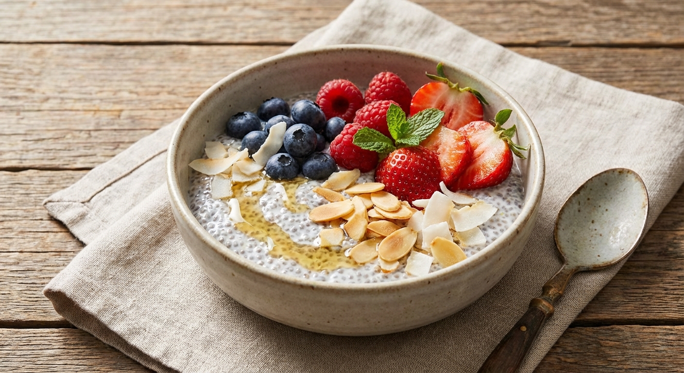 Coconut Chia Pudding with Berries & Toasted Almonds (Paleo)