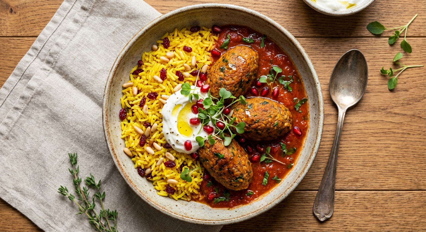 Baked Spiced Lentil-Bulgur Koftas with Tomato Sauce & Saffron Rice