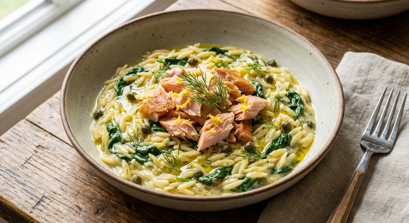 Lemon‑Dill Orzo with Smoked Trout, Wilted Spinach & Capers