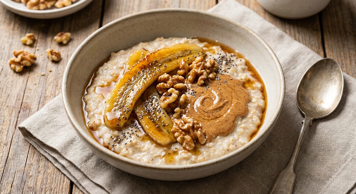 Oatmeal with Banana, Almond Butter & Walnuts