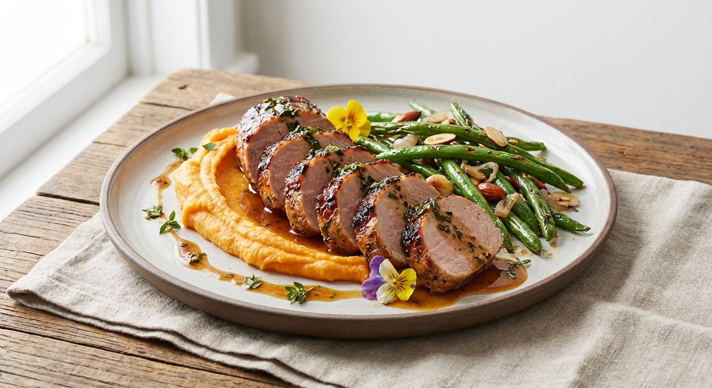 Roasted Pork Tenderloin with Mashed Sweet Potato & Green Beans