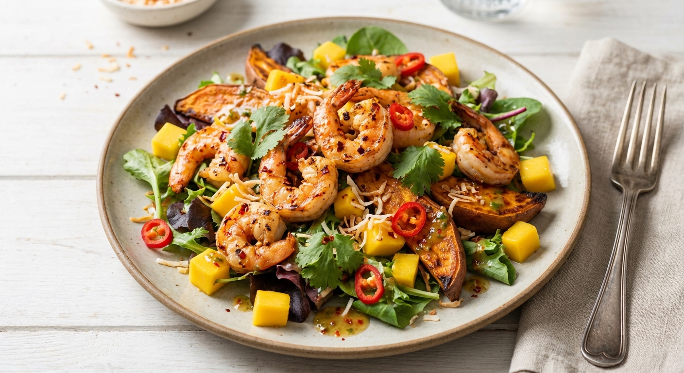 Spicy Shrimp & Mango Salad with Roasted Sweet Potato
