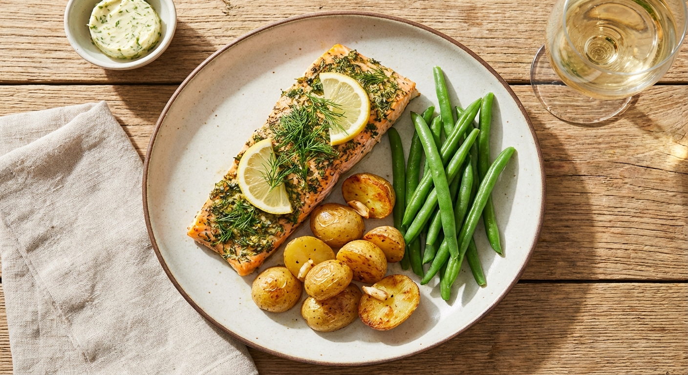 Baked Herb-Crusted Salmon with Garlic-Roasted Baby Potatoes & Steamed Green Beans