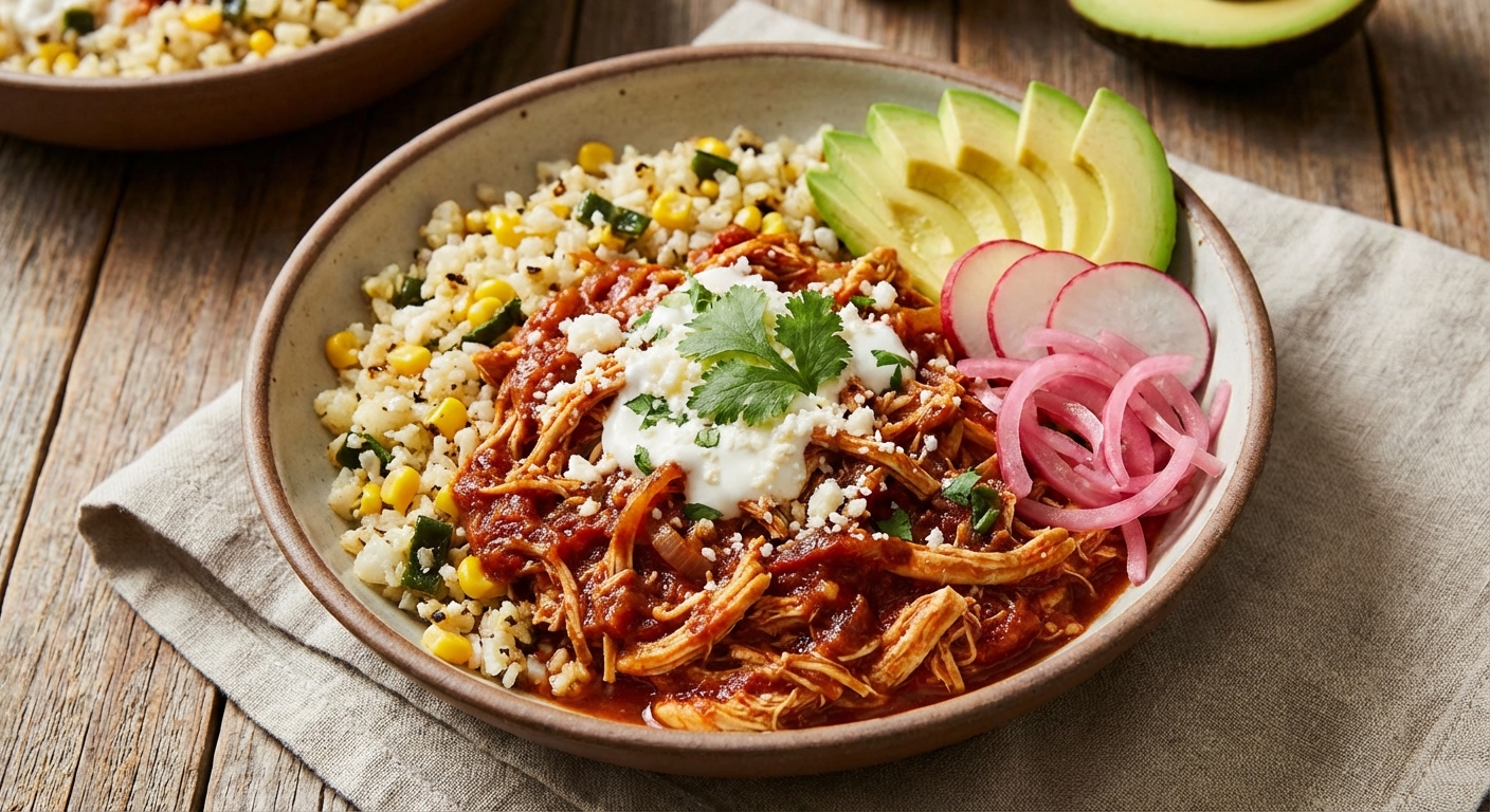Smoky Chicken Tinga with Charred Cauliflower Rice & Sliced Avocado