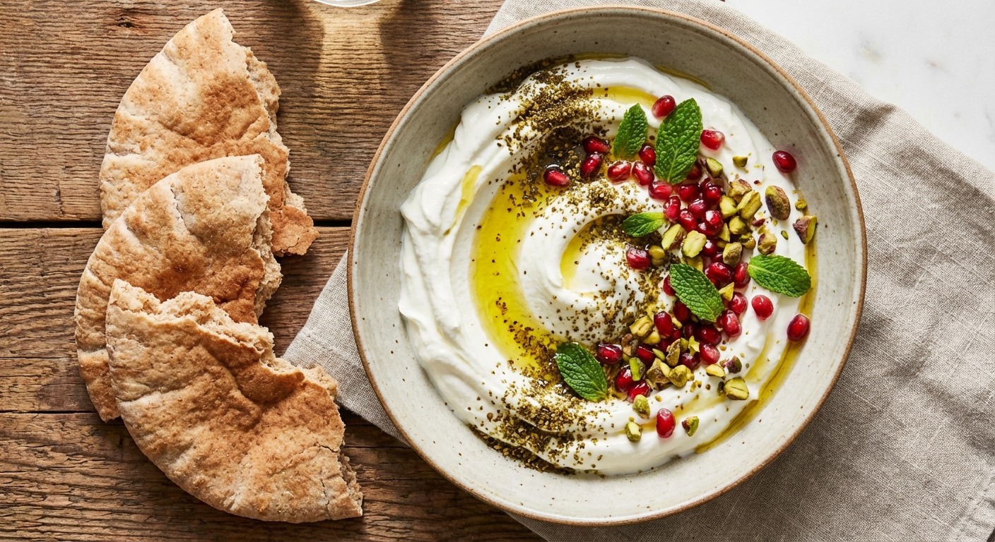 Middle-Eastern Labneh Bowl with Za'atar & Whole-Wheat Pita