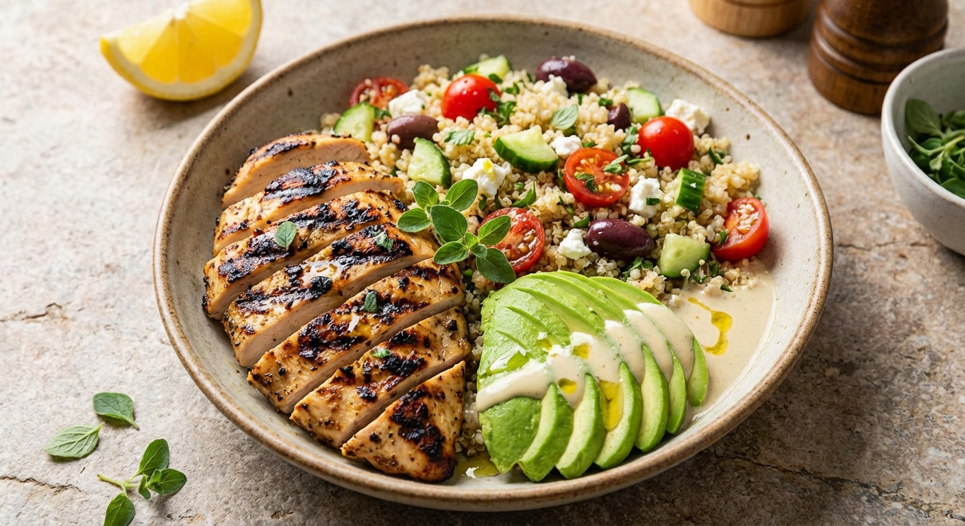 Grilled Chicken & Quinoa Salad with Avocado (Mediterranean-style)