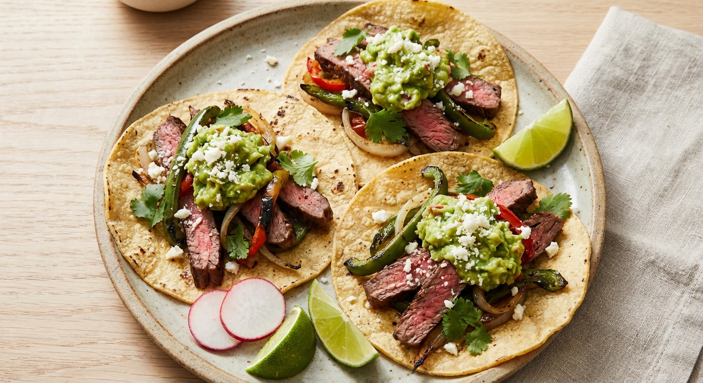 Carne Asada Tacos with Grilled Peppers, Onions & Guacamole
