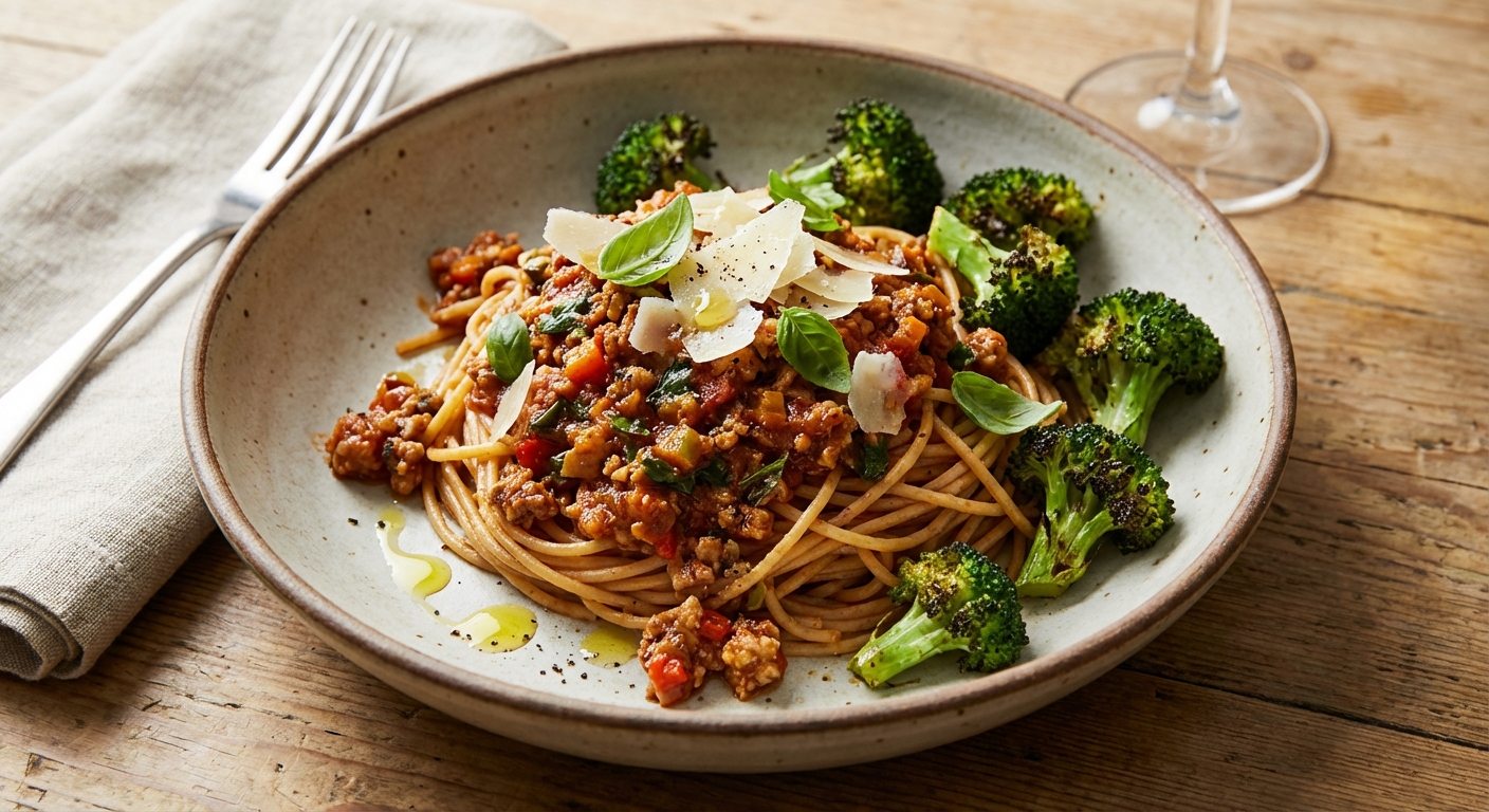 Turkey Bolognese with Whole-Wheat Spaghetti & Roasted Broccoli
